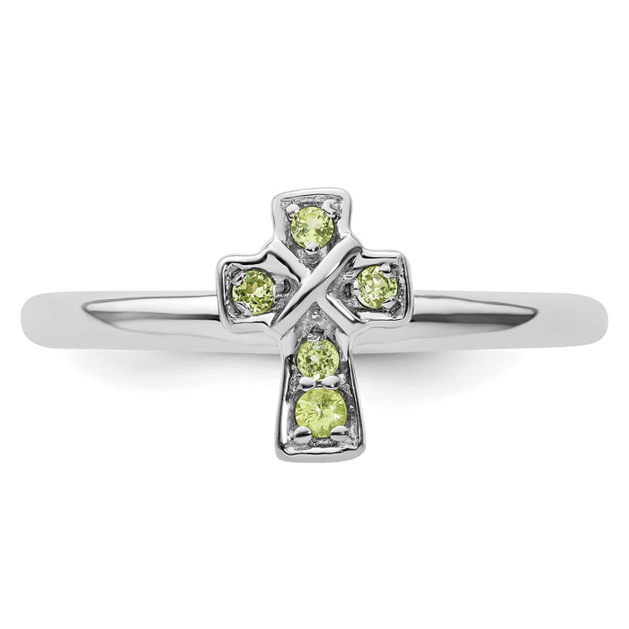 0.16 Ct Round Green Peridot Prong Silver Stackable Cross Ring by Fine Color Jewels