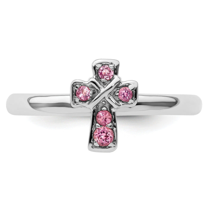Natural Pink Tourmaline Silver Stackable Cross Ring by Fine Color Jewels
