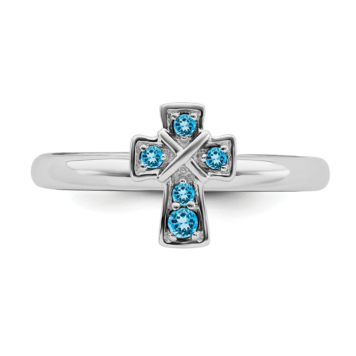 Natural Swiss Blue Topaz Silver Stackable Cross Ring by Fine Color Jewels