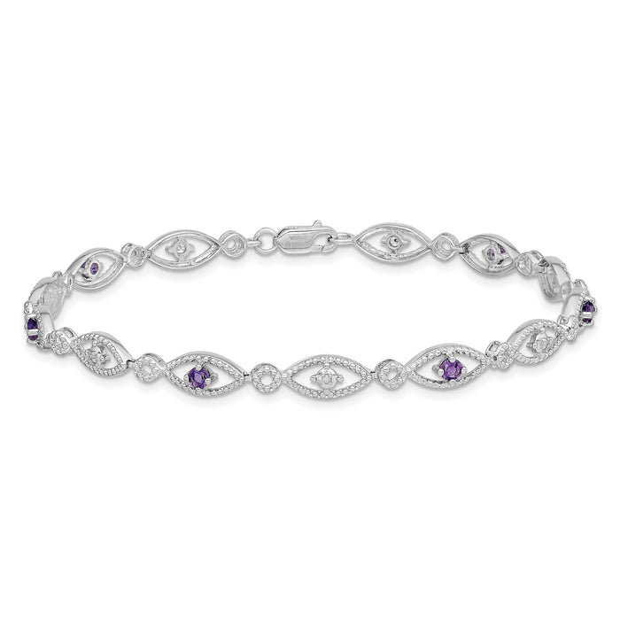 0.35 Ct Round Purple Amethyst & Diamond Prong Sterling Silver Evil Eye Link Bracelet by Fine Color Jewels