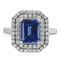 Emerald Cut Lab Created Blue Sapphire and Diamond 14K White Gold Double Halo Ring by Fine Color Jewels
