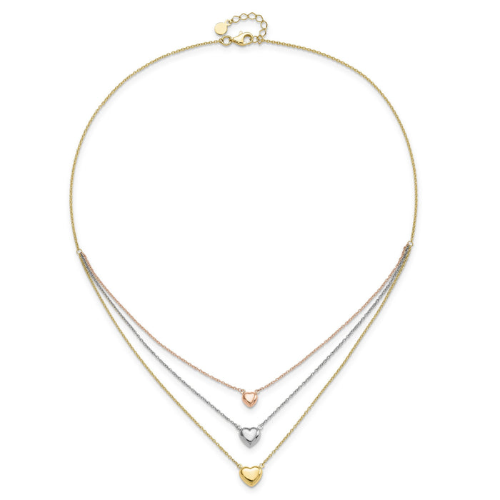 Tri-color Three Hearts 14K Gold Layered Cable Chain Necklace by Fine Color Jewels