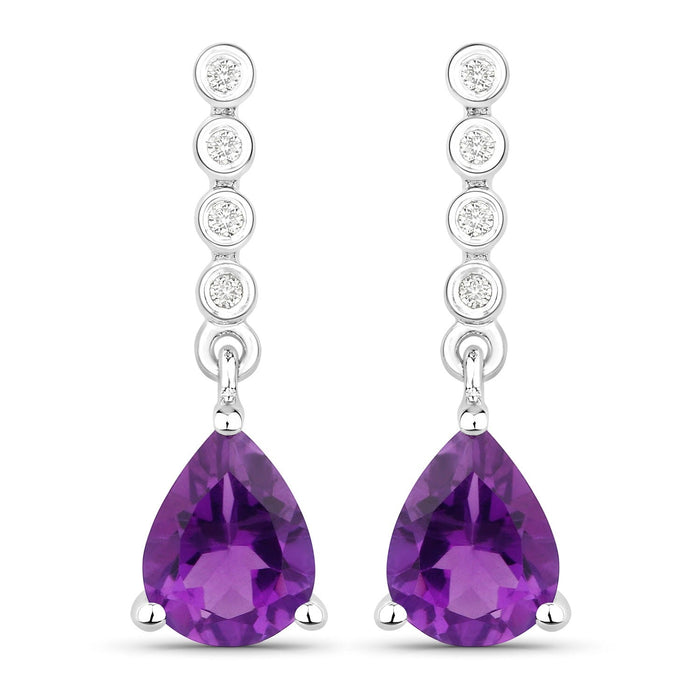 2 Ct Pear Purple Amethyst & Lab Diamond Prong Silver Teardrop Dangle Earrings by Fine Color Jewels