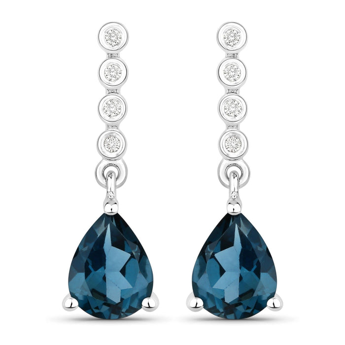 2.30 Ct Pear Deep Blue London Blue Topaz & Lab Diamond Prong Silver Teardrop Dangle Earrings by Fine Color Jewels