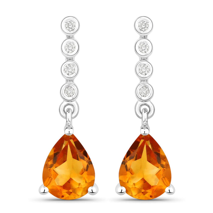 1.80 Ct Pear Golden Yellow Madeira Citrine & Lab Diamond Prong Silver Teardrop Dangle Earrings by Fine Color Jewels