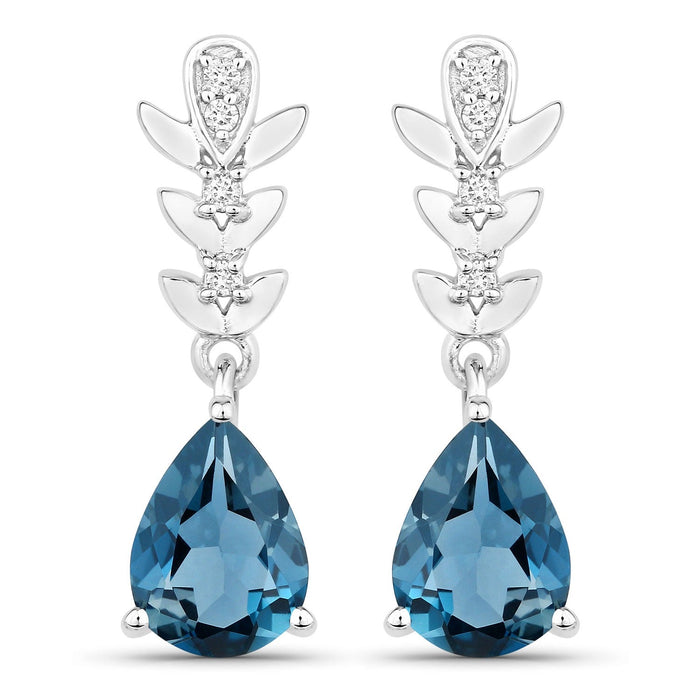 2.30 Ct Pear Deep Blue London Blue Topaz & Lab Diamond Prong Silver Teardrop Dangle Earrings by Fine Color Jewels