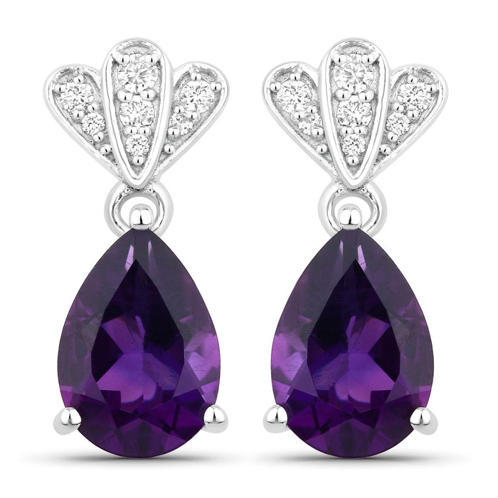 2.70 Ct Pear Purple Amethyst & Lab Diamond Prong Silver Teardrop Dangle Earrings by Fine Color Jewels