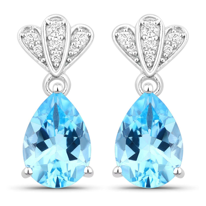 3.80 Ct Pear Swiss Blue Topaz & Lab Diamond Prong Silver Teardrop Dangle Earrings by Fine Color Jewels