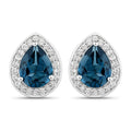 2.30 Ct Pear London Blue Topaz & Lab Diamond Prong Silver Halo Stud Earrings by Fine Color Jewels