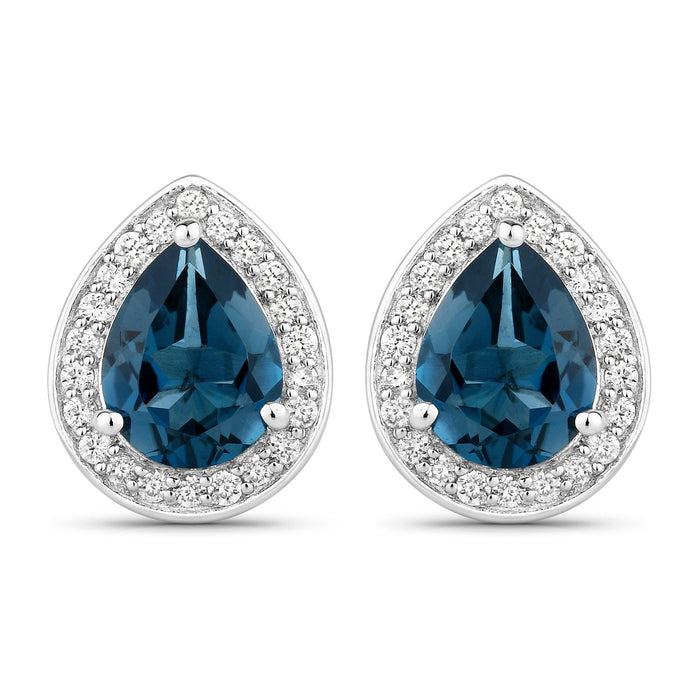 2.30 Ct Pear London Blue Topaz & Lab Diamond Prong Silver Halo Stud Earrings by Fine Color Jewels