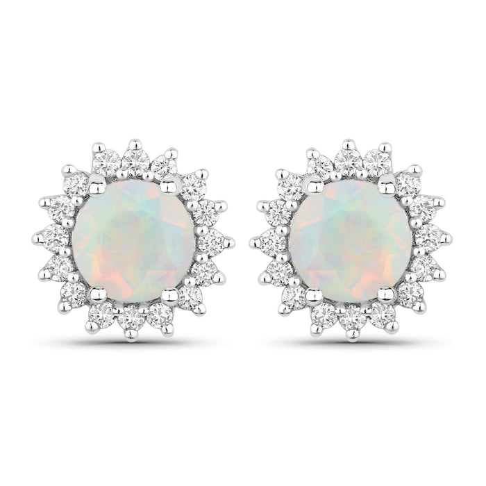 1.00 Ct Round White Ethiopian Opal & Lab Diamond Prong Silver Halo Stud Earrings by Fine Color Jewels