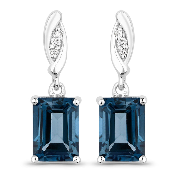 2.14 Ct Octagon London Blue Topaz & Lab Diamond Prong Silver Dangle Earrings by Fine Color Jewels
