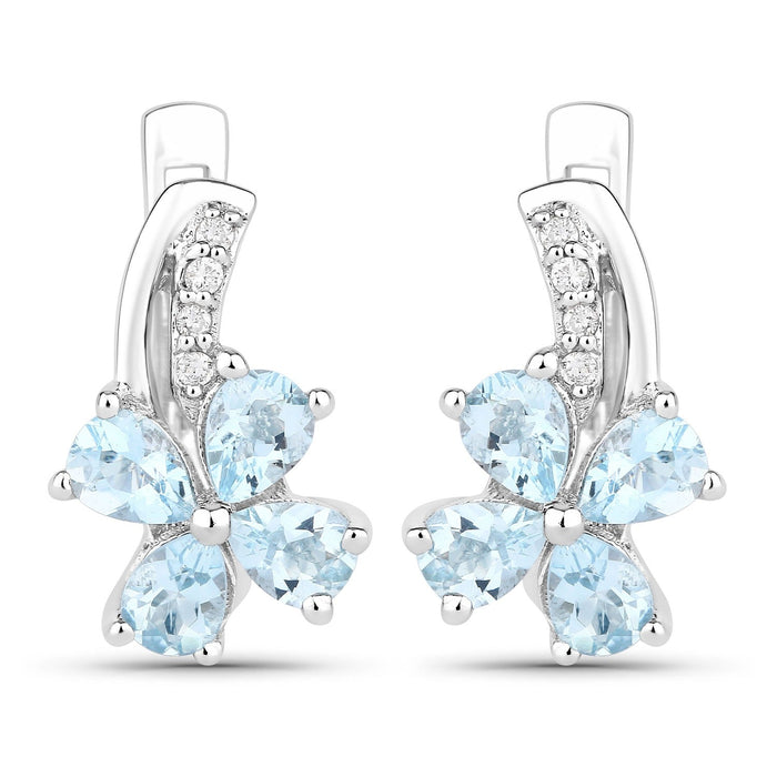 0.96 Ct Pear Blue Aquamarine & Lab Diamond Prong Silver Flower Drop Earrings by Fine Color Jewels