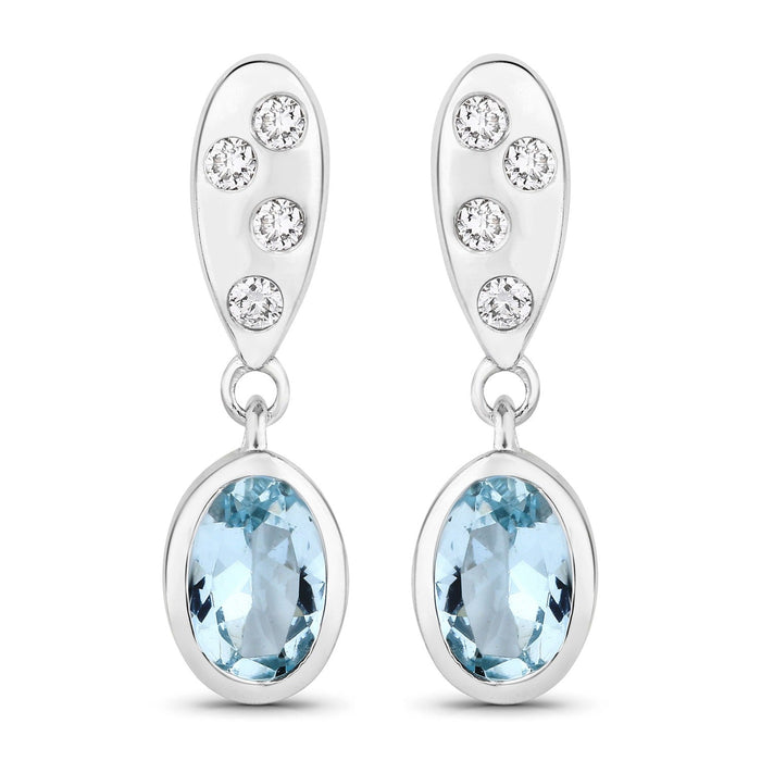 0.80 Ct Oval Blue Aquamarine & Lab Diamond Bezel Silver Dangle Earrings by Fine Color Jewels