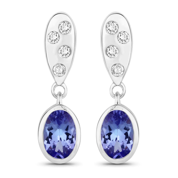 0.88 Ct Oval Violet Tanzanite & Lab Diamond Bezel Silver Dangle Earrings by Fine Color Jewels
