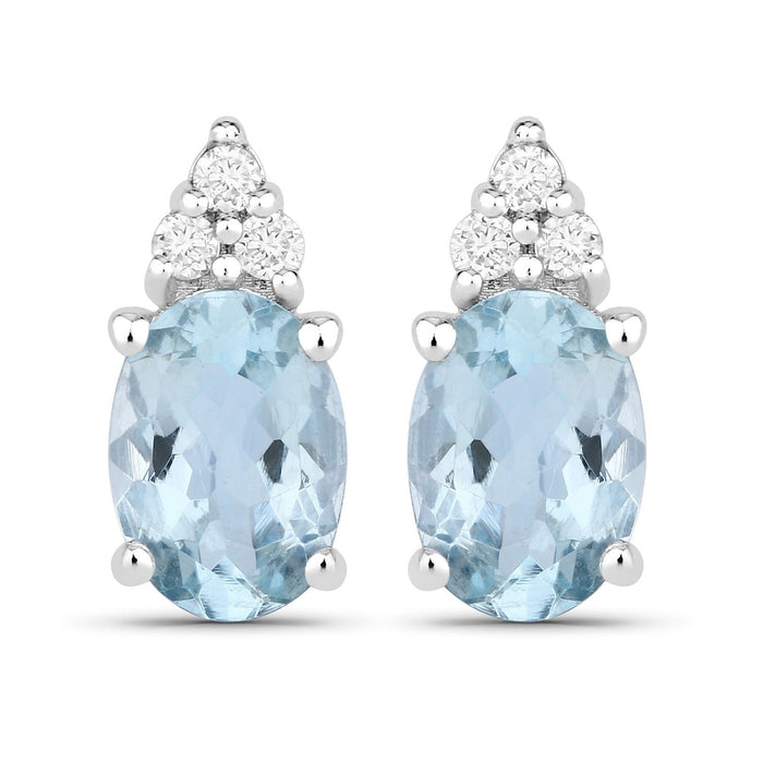 1.20 Ct Oval Blue Aquamarine & Lab Diamond Prong Silver Stud Earrings by Fine Color Jewels