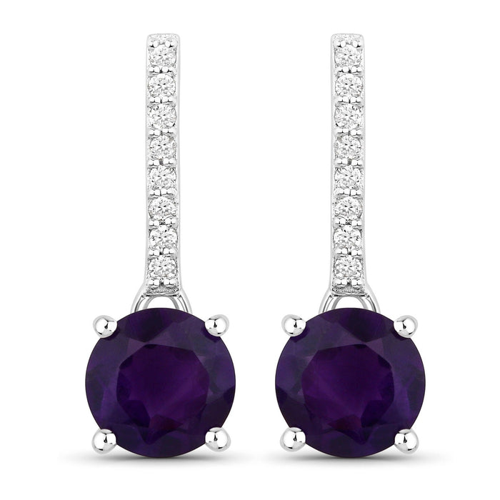 1.46 Ct Round Purple Amethyst & Lab Diamond Prong Silver Dangle Earrings by Fine Color Jewels