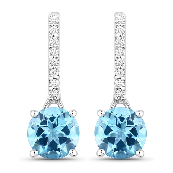 2.10 Ct Round Swiss Blue Topaz & Lab Diamond Prong Silver Dangle Earrings by Fine Color Jewels