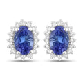 0.88 Ct Oval Violet Tanzanite & Lab Diamond Prong Silver Halo Basket Stud Earrings by Fine Color Jewels