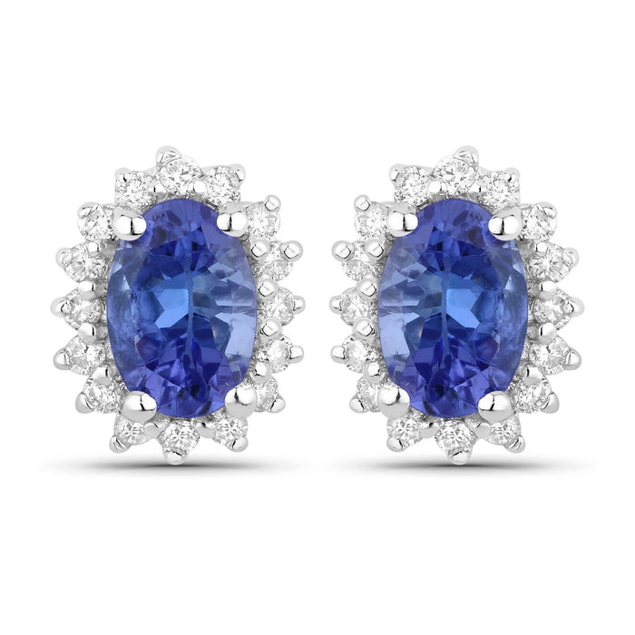 0.88 Ct Oval Violet Tanzanite & Lab Diamond Prong Silver Halo Basket Stud Earrings by Fine Color Jewels