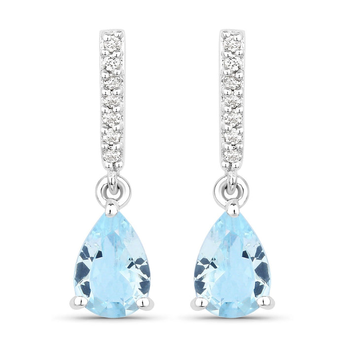 1.20 Ct Pear Blue Aquamarine & Lab Diamond Prong Silver Teardrop Dangle Earrings by Fine Color Jewels