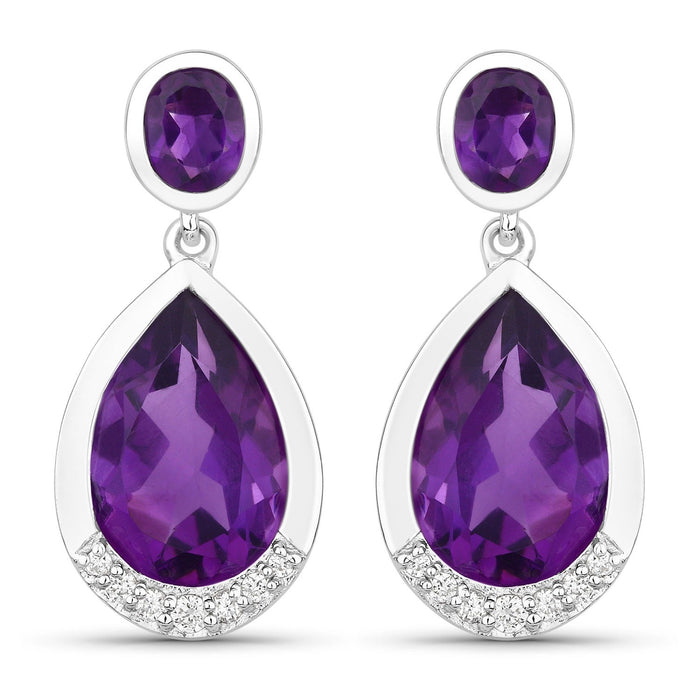 Purple Amethyst & Lab Grown Diamond Bezel Silver Dangle Earrings by Fine Color Jewels
