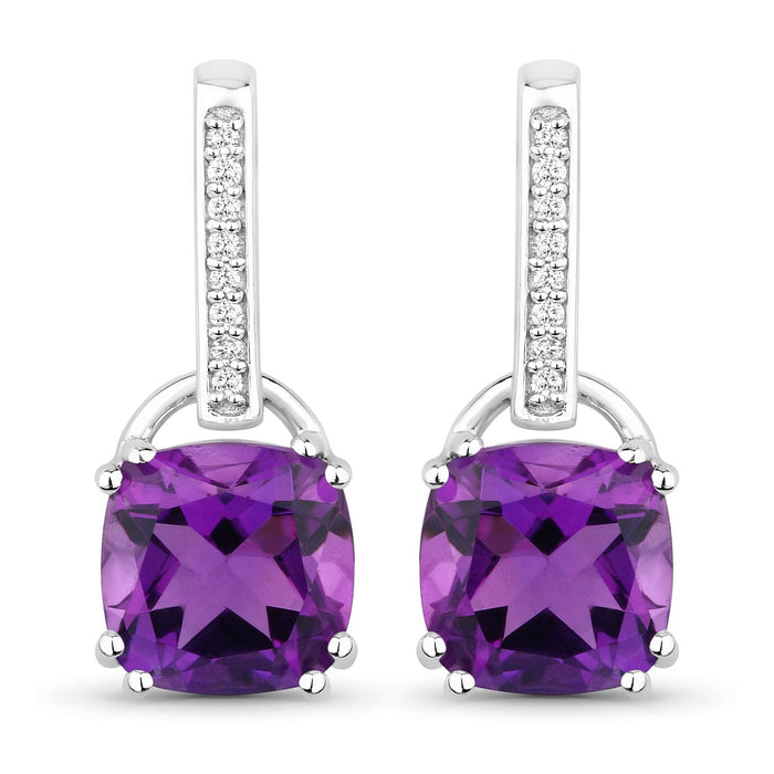 3.60 Ct Cushion Purple Amethyst & Lab Diamond Prong Silver Dangle Earrings by Fine Color Jewels
