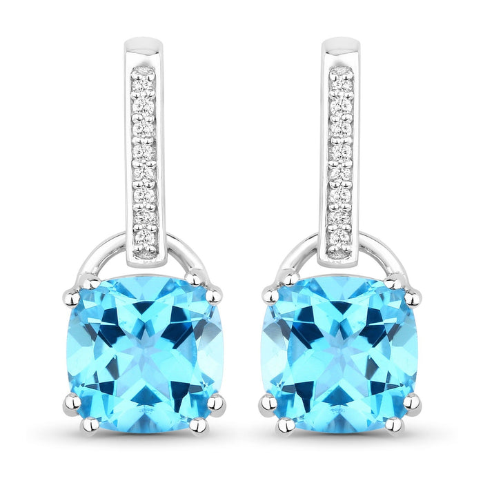 4.60 Ct Cushion Swiss Blue Topaz & Lab Diamond Prong Silver Dangle Earrings by Fine Color Jewels