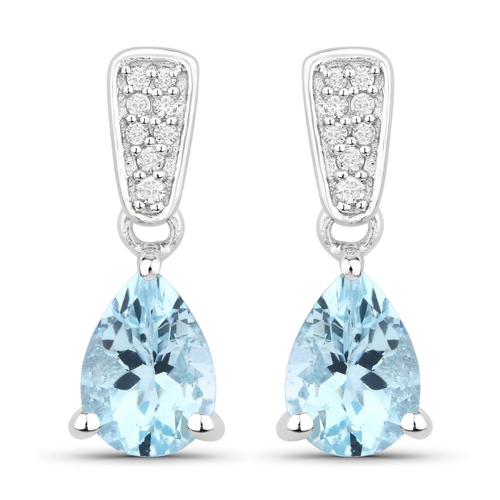 1.20 Ct Pear Blue Aquamarine & Lab Diamond Prong Silver Teardrop Dangle Earrings by Fine Color Jewels