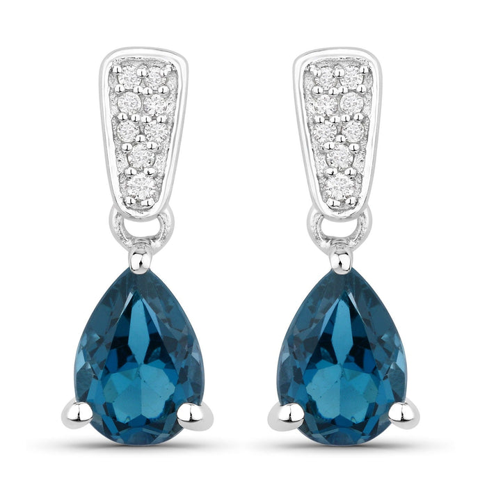 1.70 Ct Pear Deep Blue London Blue Topaz & Diamond Prong Silver Teardrop Dangle Earrings by Fine Color Jewels
