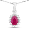 0.80 Ct Pear Pink Ruby and Lab Diamond Prong Silver Halo teardrop pendant Necklace
