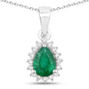0.65 Ct pear Green Zambian Emerald and Lab Diamond Prong Silver Halo teardrop pendant Necklace