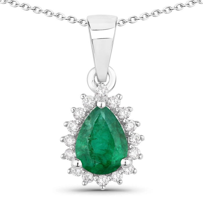 0.65 Ct pear Green Zambian Emerald and Lab Diamond Prong Silver Halo teardrop pendant Necklace by Fine Color Jewels