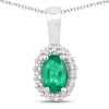 0.44 Ct oval green Zambian Emerald and Lab Diamond prong Silver Halo pendant Necklace