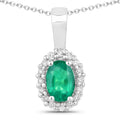 0.44 Ct oval green Zambian Emerald and Lab Diamond prong Silver Halo pendant Necklace by Fine Color Jewels