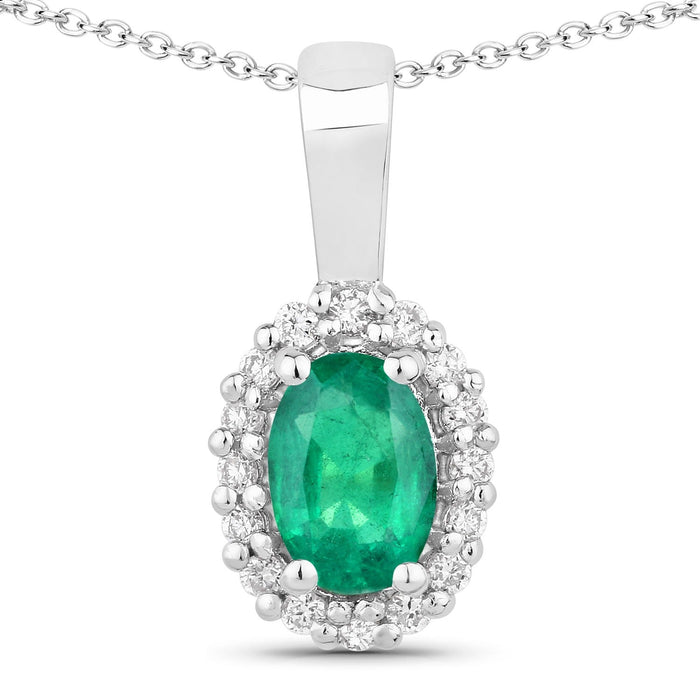 0.44 Ct oval green Zambian Emerald and Lab Diamond prong Silver Halo pendant Necklace by Fine Color Jewels