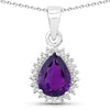 1.40 Ct pear purple Amethyst and Lab Diamond prong Silver Halo teardrop pendant Necklace