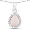 0.90 Ct pear white Ethiopian Opal and Lab Diamond prong Silver Halo teardrop pendant Necklace