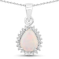 0.90 Ct pear white Ethiopian Opal and Lab Diamond prong Silver Halo teardrop pendant Necklace by Fine Color Jewels