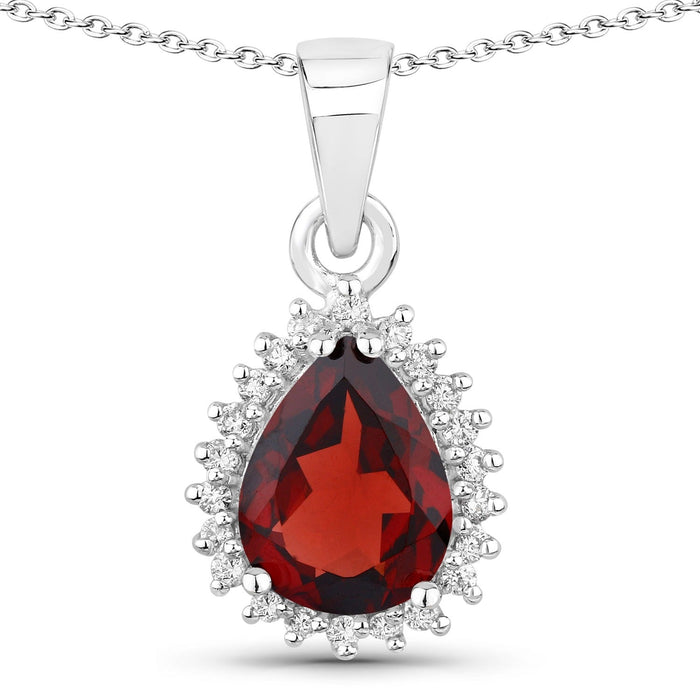 1.80 Ct pear red Mozambique Garnet and Lab Diamond prong Silver Halo teardrop pendant Necklace by Fine Color Jewels