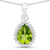 1.46 Ct pear green Peridot and Lab Diamond prong Silver Halo teardrop pendant Necklace