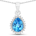 1.90 Ct pear Swiss Blue Topaz and Lab Diamond prong Silver Halo teardrop pendant Necklace by Fine Color Jewels
