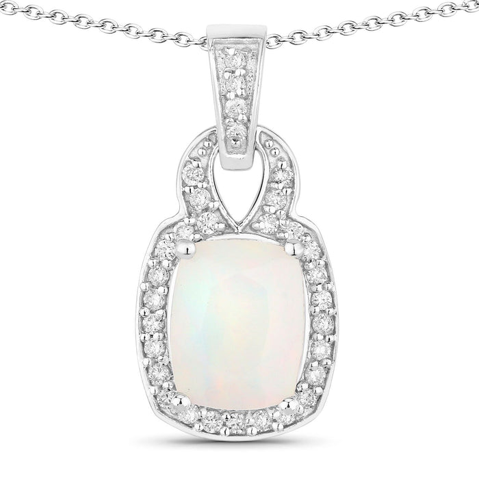 1 Ct cushion white Ethiopian Opal and Lab Diamond prong Silver Slide Pendant Necklace by Fine Color Jewels