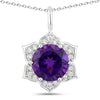 1.80 Ct round purple Amethyst and Lab Diamond prong Silver flower pendant Necklace