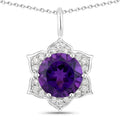 1.80 Ct round purple Amethyst and Lab Diamond prong Silver flower pendant Necklace by Fine Color Jewels