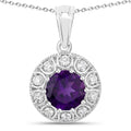 1.80 Ct round purple Amethyst and Lab Diamond prong Silver Halo pendant Necklace by Fine Color Jewels