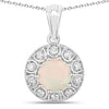 0.90 Ct round white Ethiopian Opal and Lab Diamond prong Silver Halo pendant Necklace