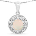 0.90 Ct round white Ethiopian Opal and Lab Diamond prong Silver Halo pendant Necklace by Fine Color Jewels