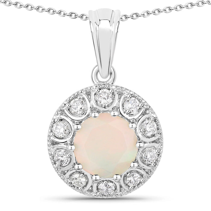 0.90 Ct round white Ethiopian Opal and Lab Diamond prong Silver Halo pendant Necklace by Fine Color Jewels