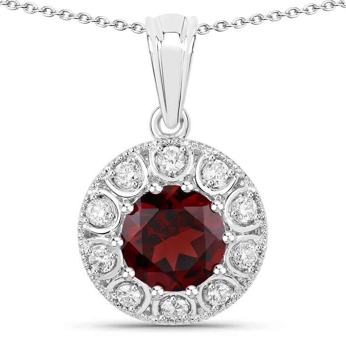 2.25 Ct round red Mozambique Garnet & Lab Diamond prong Silver Halo pendant Necklace by Fine Color Jewels